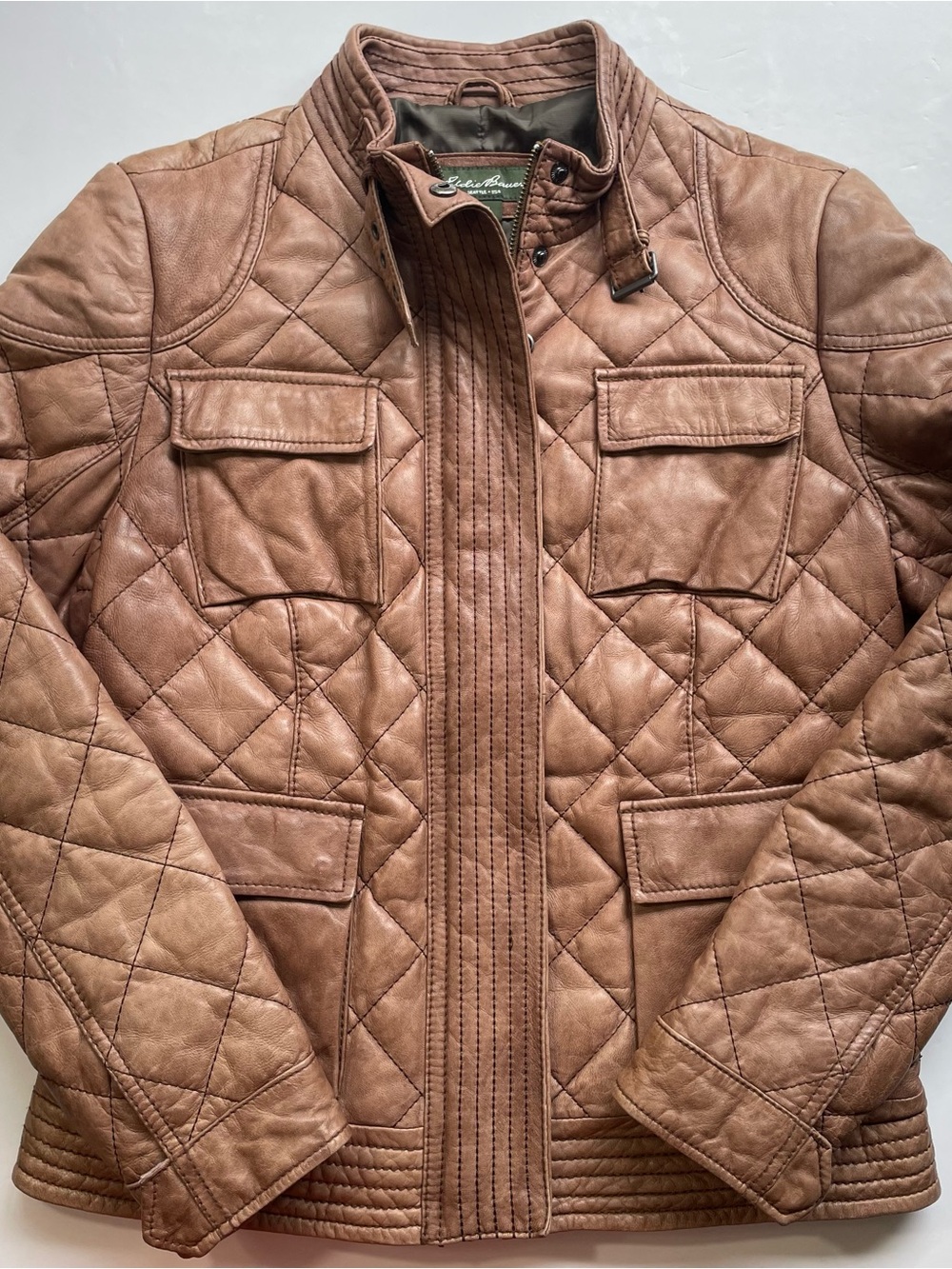 Eddie Bauer Premium Lamb Leather Goose Down Quilted Jacket Brown Taupe Women's L